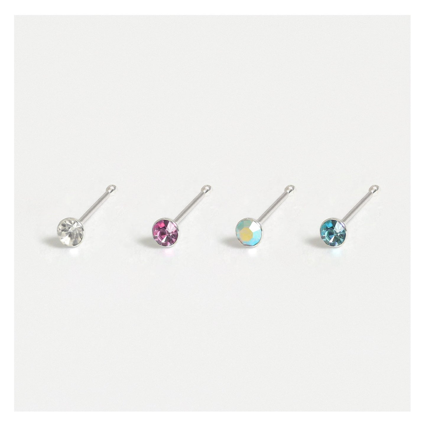 Silver Round Gemset Nose Pins - 1.5mm, Bobble or L-Back (Single Colour Boxes)