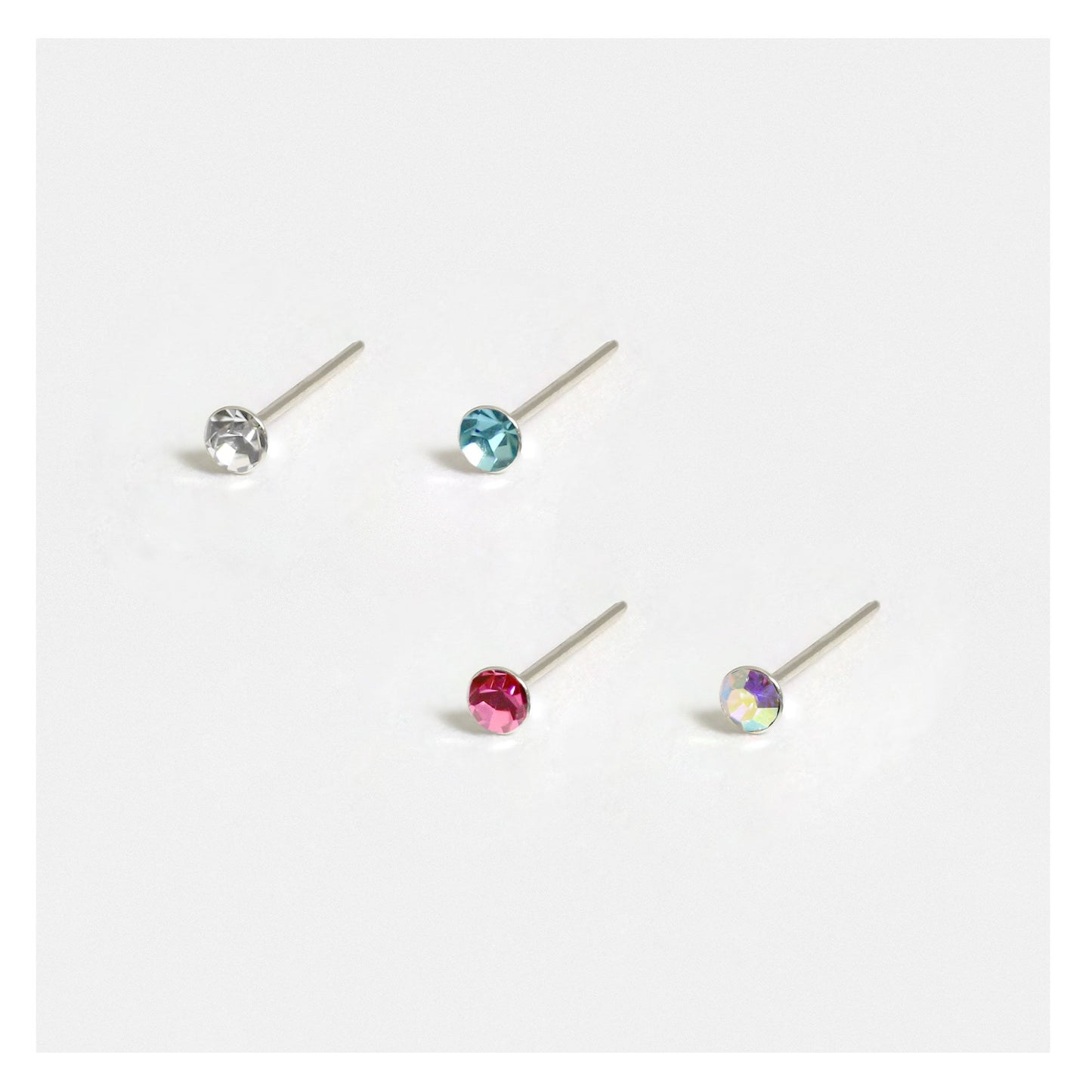 Silver Gemset Nose Pins - 2mm, (Single Colour Boxes)