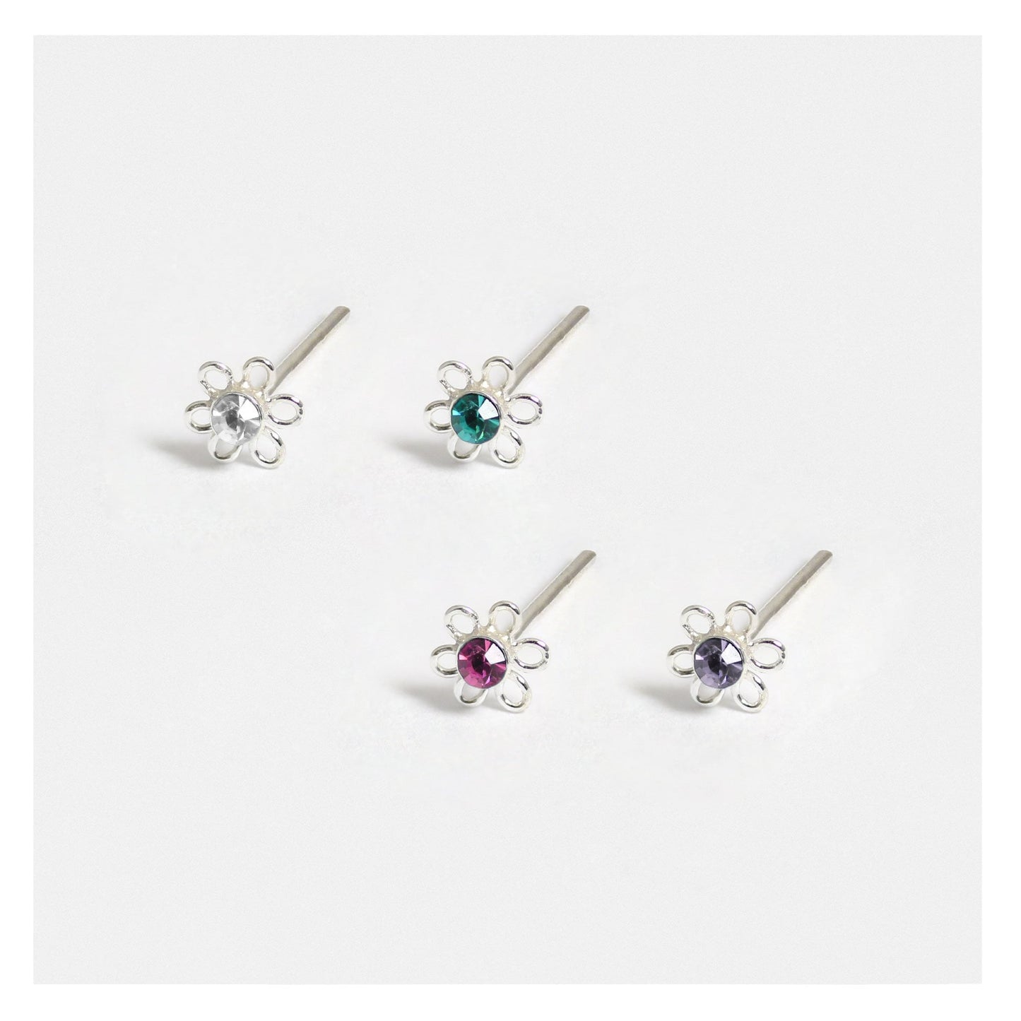 Silver Flower Nose Pins - 3.5mm, Assorted Colours