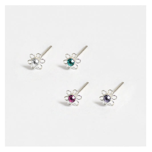 Silver Flower Nose Pins - 3.5mm, Assorted Colours