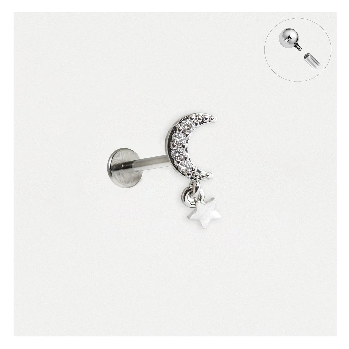 Steel Labret with Crescent and Star Dangle - Internally Threaded