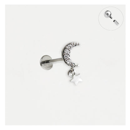 Steel Labret with Crescent and Star Dangle - Internally Threaded