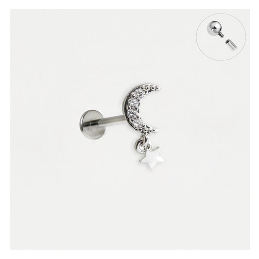Steel Labret with Crescent and Star Dangle - Internally Threaded