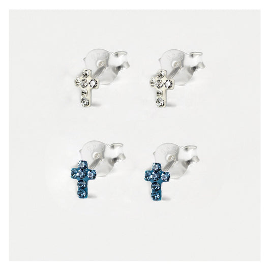 Silver Crystal Cross Earrings