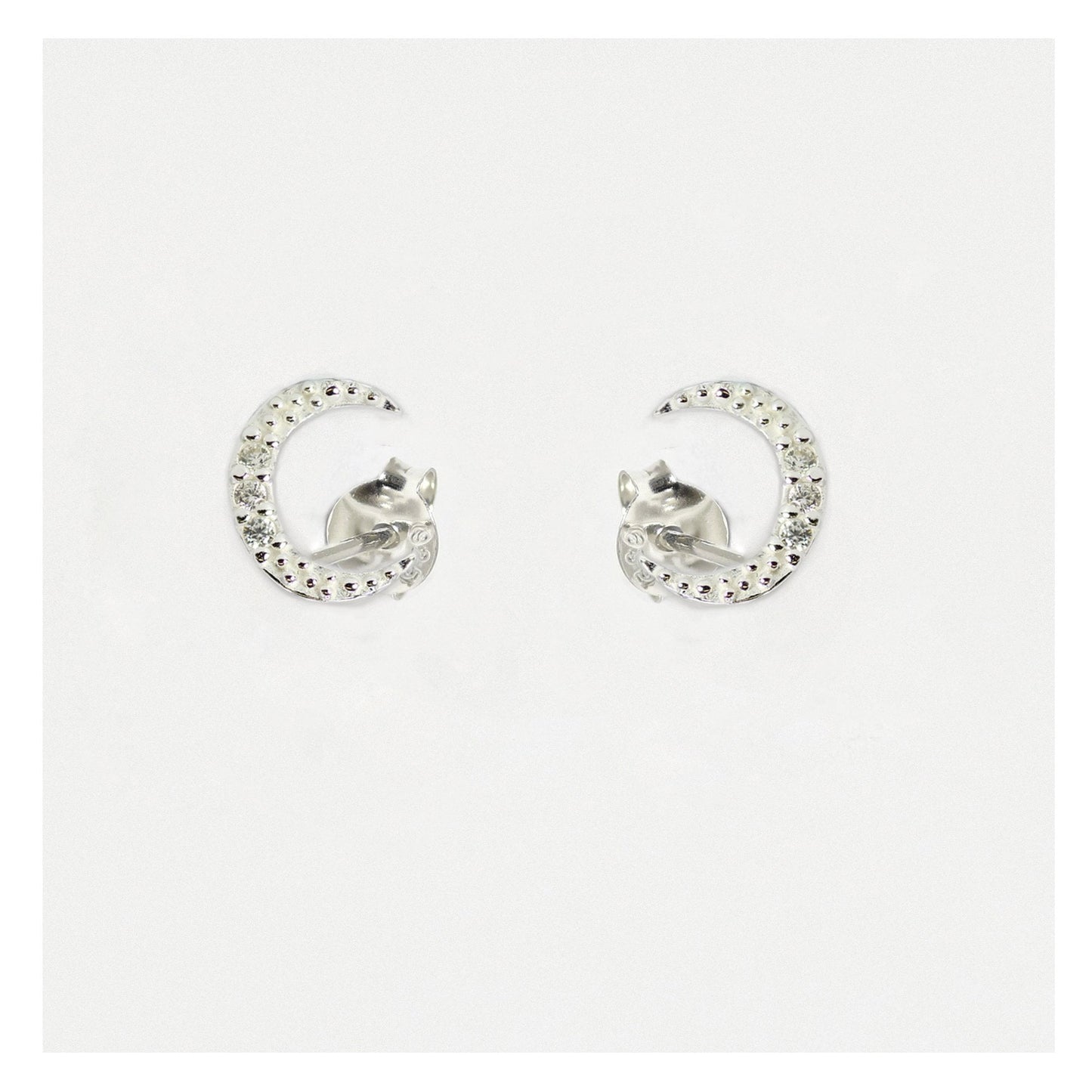 Silver Beaded Crescent Moon Crystal Studs
