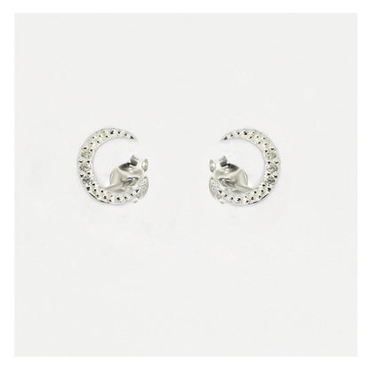 Silver Beaded Crescent Moon Crystal Studs