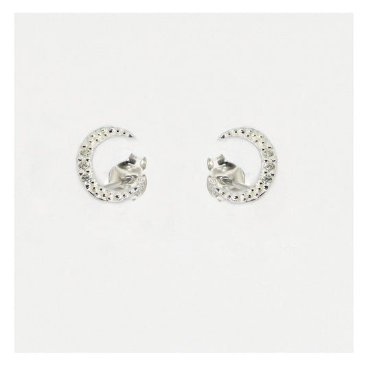 Silver Beaded Crescent Moon Crystal Studs