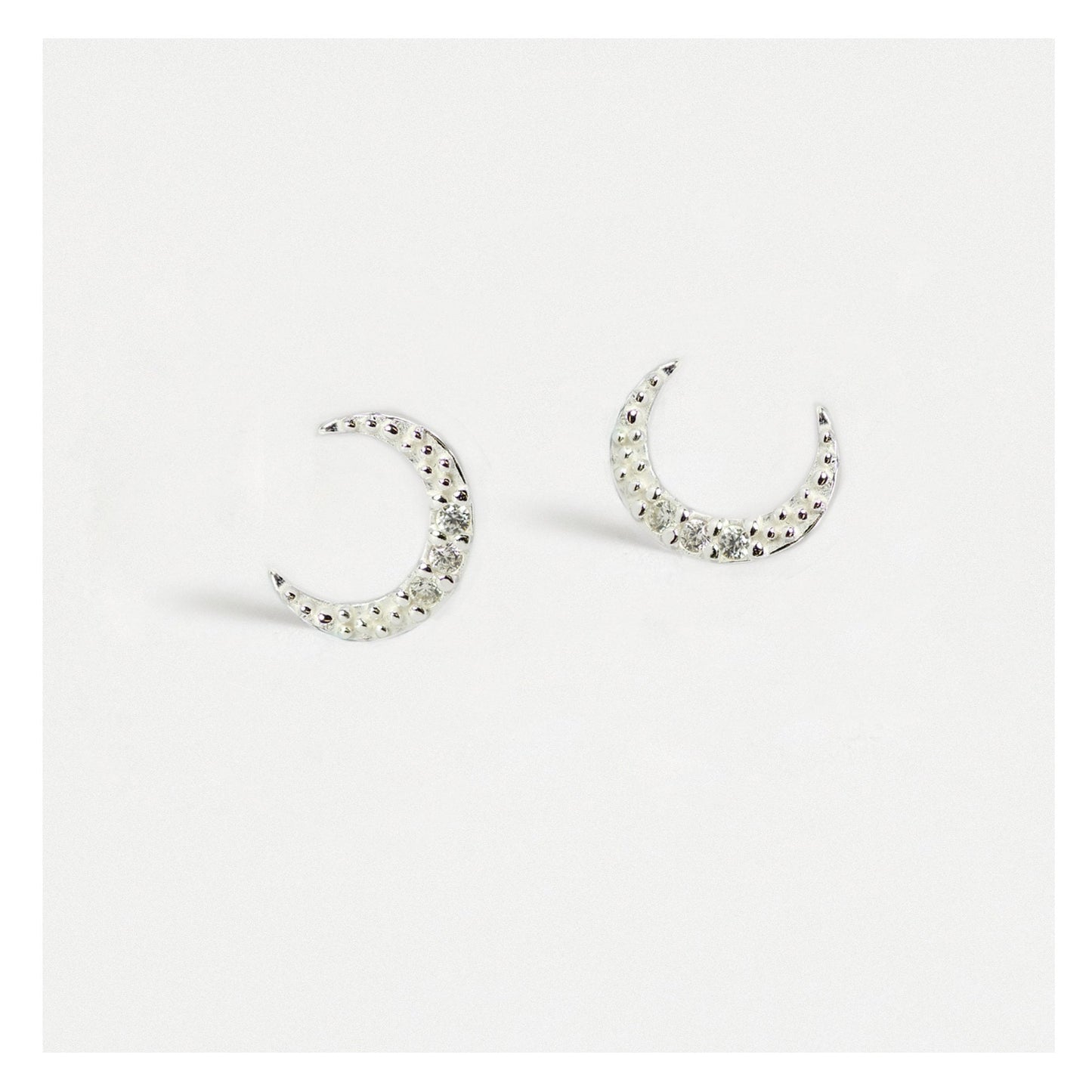 Silver Beaded Crescent Moon Crystal Studs