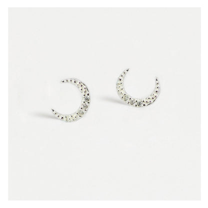 Silver Beaded Crescent Moon Crystal Studs