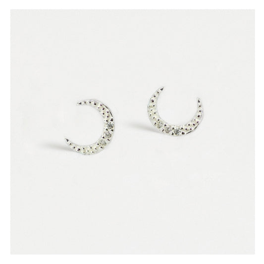Silver Beaded Crescent Moon Crystal Studs