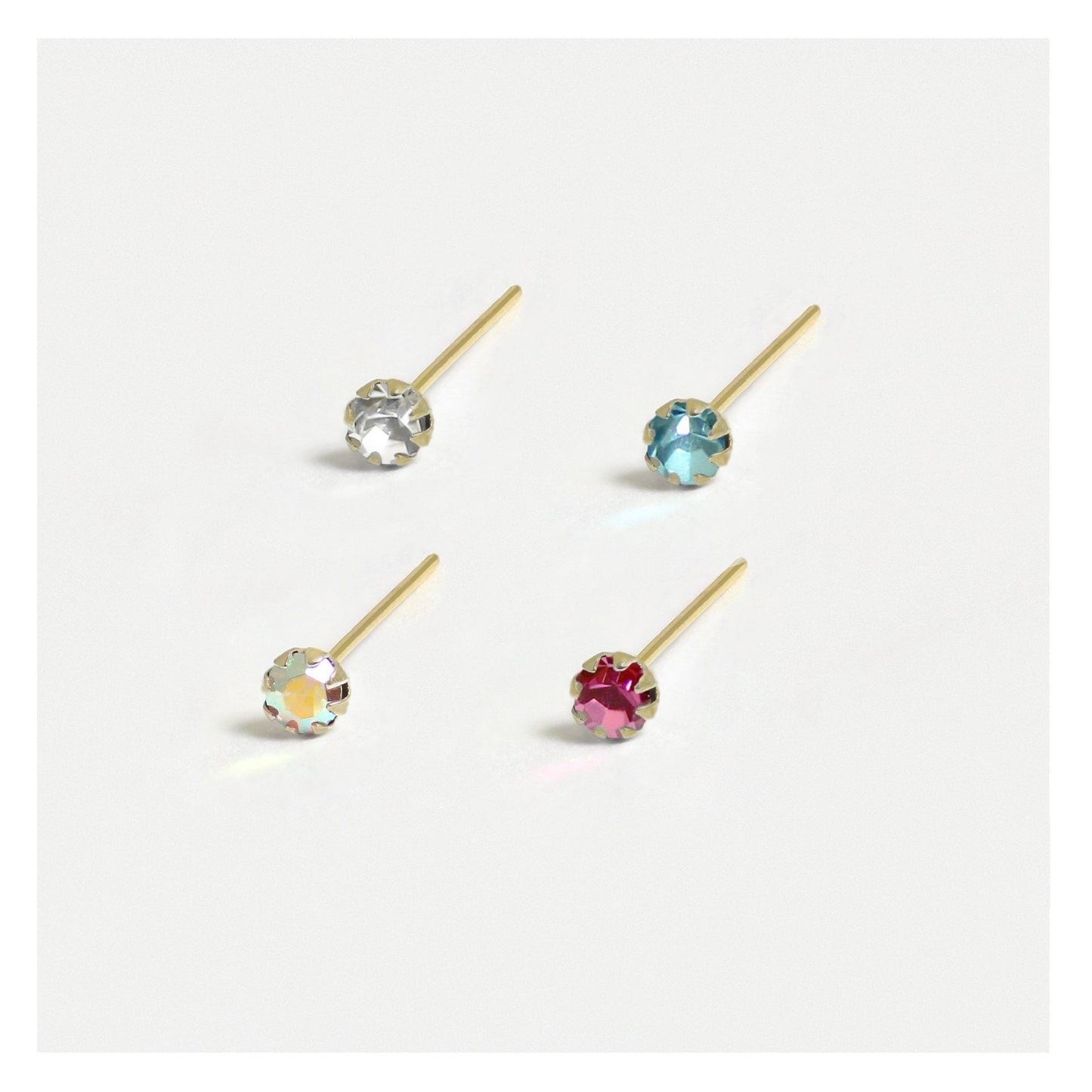 Gold Plated Silver Round Clawset Crystal Nose Pins - 2mm, Assorted Colours