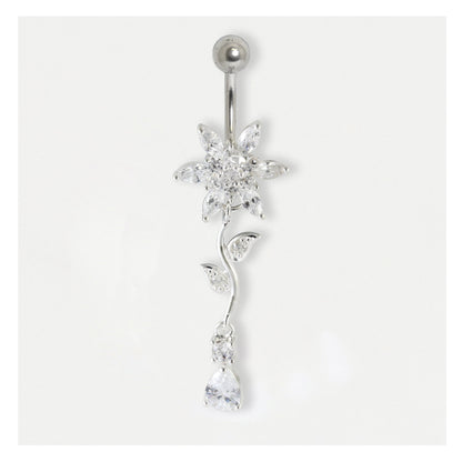 Steel Gemset Flower Dangle Belly Bar