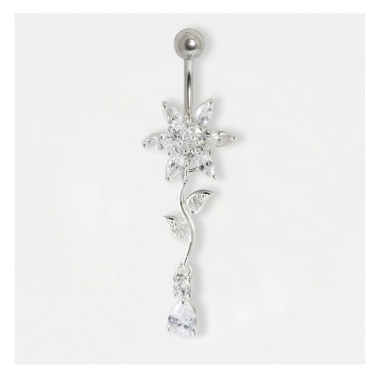 Steel Gemset Flower Dangle Belly Bar