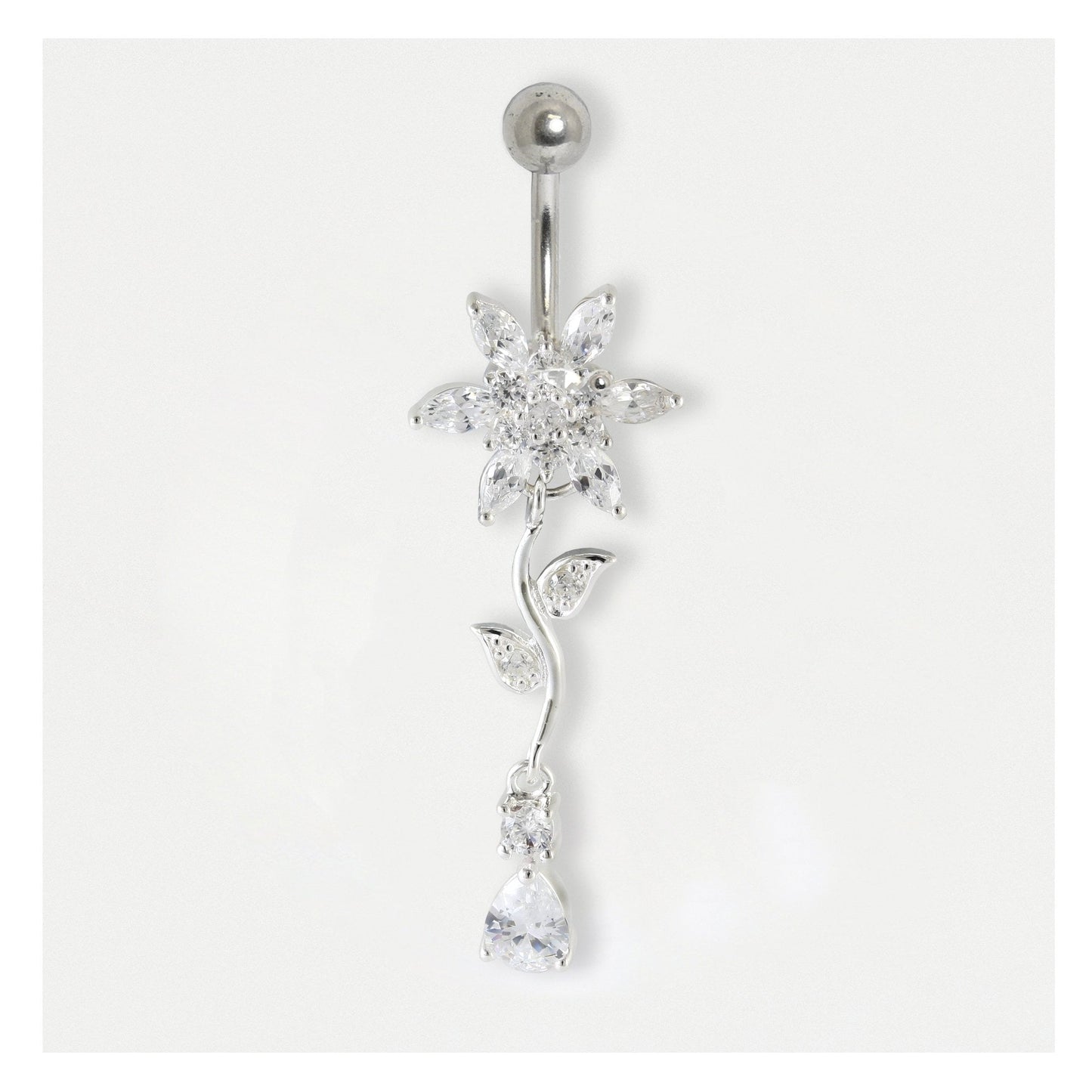 Steel Gemset Flower Dangle Belly Bar