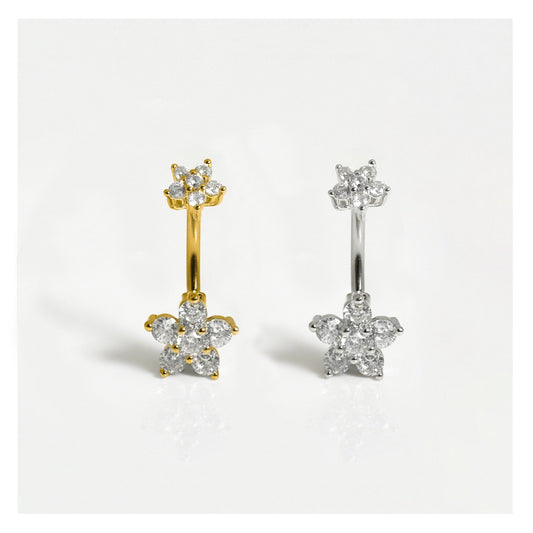 Double Gemset Flower Belly Bar