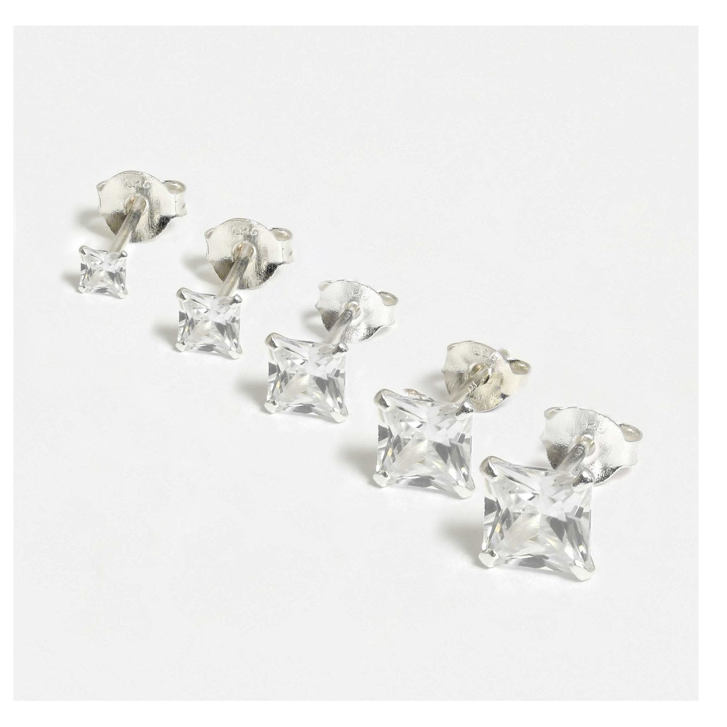 Silver Square Clear CZ Ear Studs 2 - 6mm