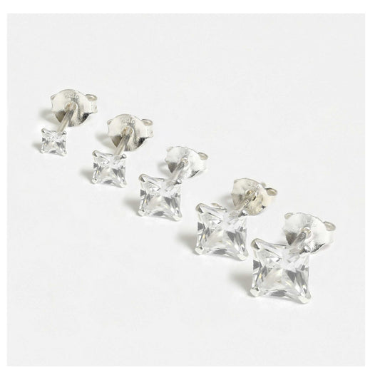 Silver Square Clear CZ Ear Studs 2 - 6mm