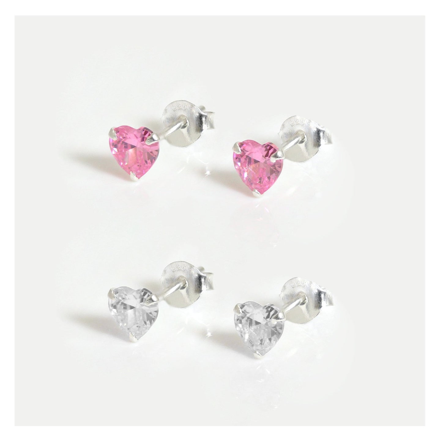 Silver CZ Heart Ear Studs 4 - 6mm
