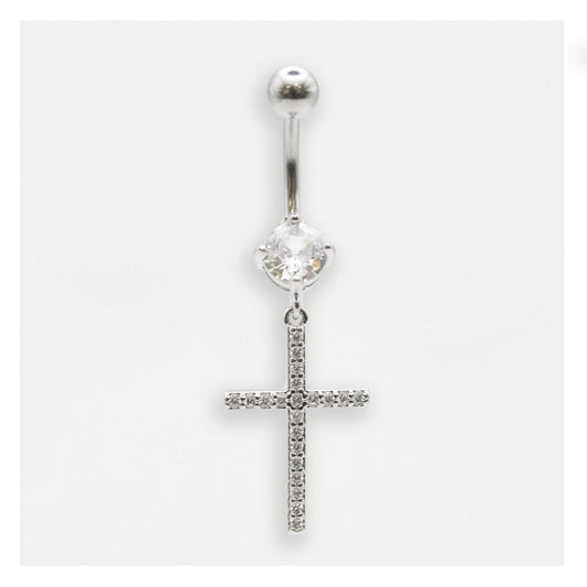 Steel Crystal Cross Belly Bar