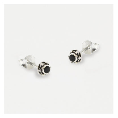 Silver Black Boho Onyx Ear Studs