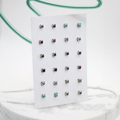 Handmade Silver Indian Ear Studs with Square Semi-Precious Stones - 3mm