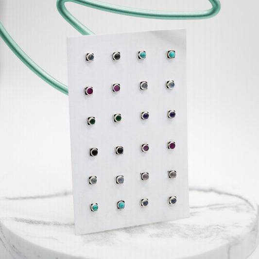 Handmade Silver Indian Ear Studs with Square Semi-Precious Stones - 3mm