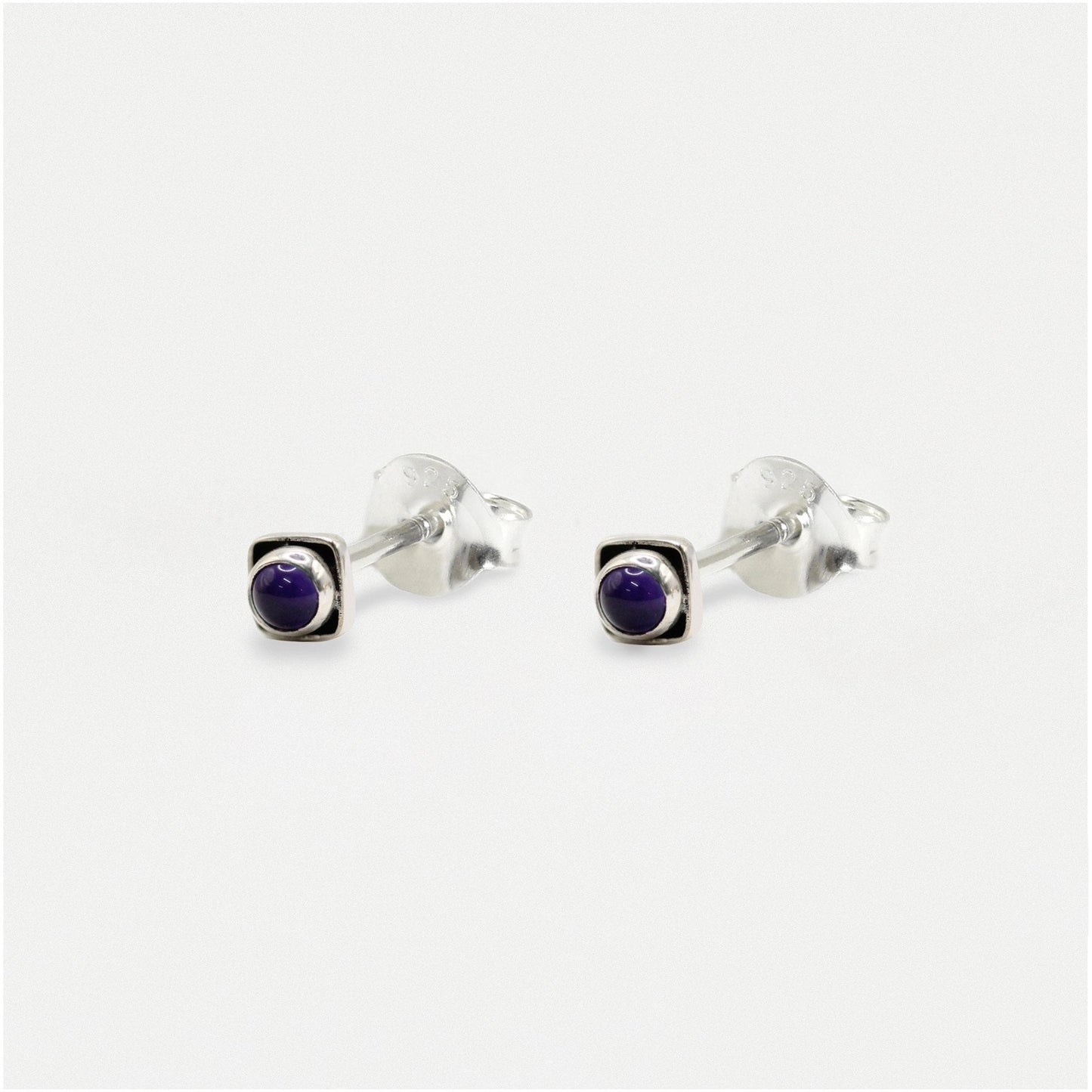 Handmade Silver Indian Ear Studs with Square Semi-Precious Stones - 3mm