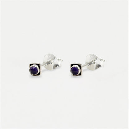 Handmade Silver Indian Ear Studs with Square Semi-Precious Stones - 3mm