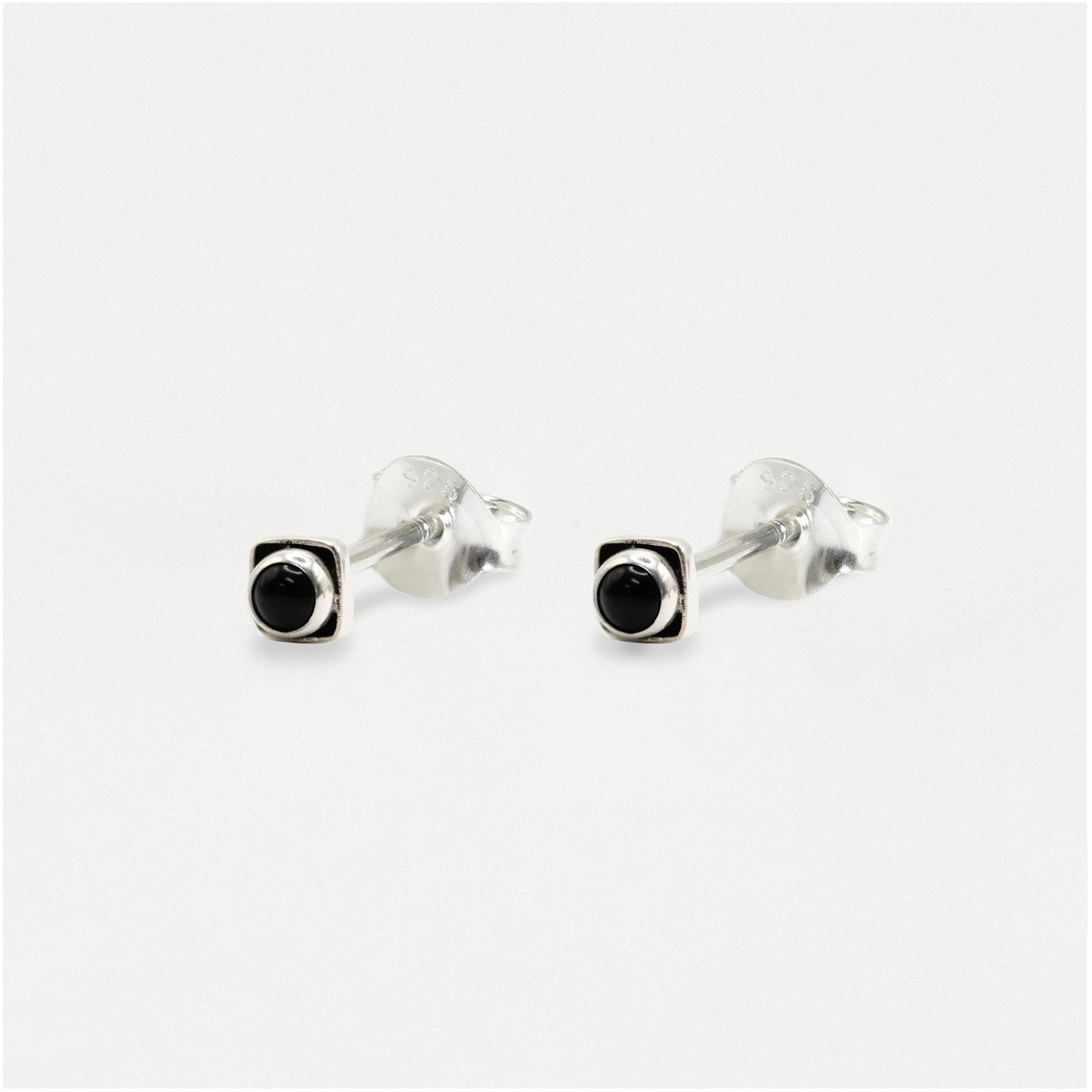 Handmade Silver Indian Ear Studs with Square Semi-Precious Stones - 3mm