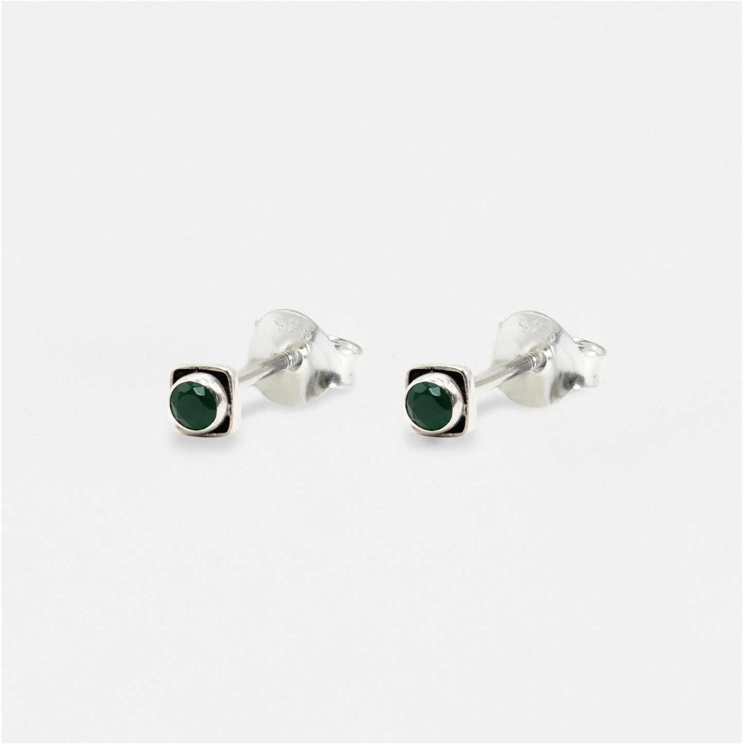 Handmade Silver Indian Ear Studs with Square Semi-Precious Stones - 3mm