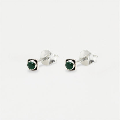 Handmade Silver Indian Ear Studs with Square Semi-Precious Stones - 3mm