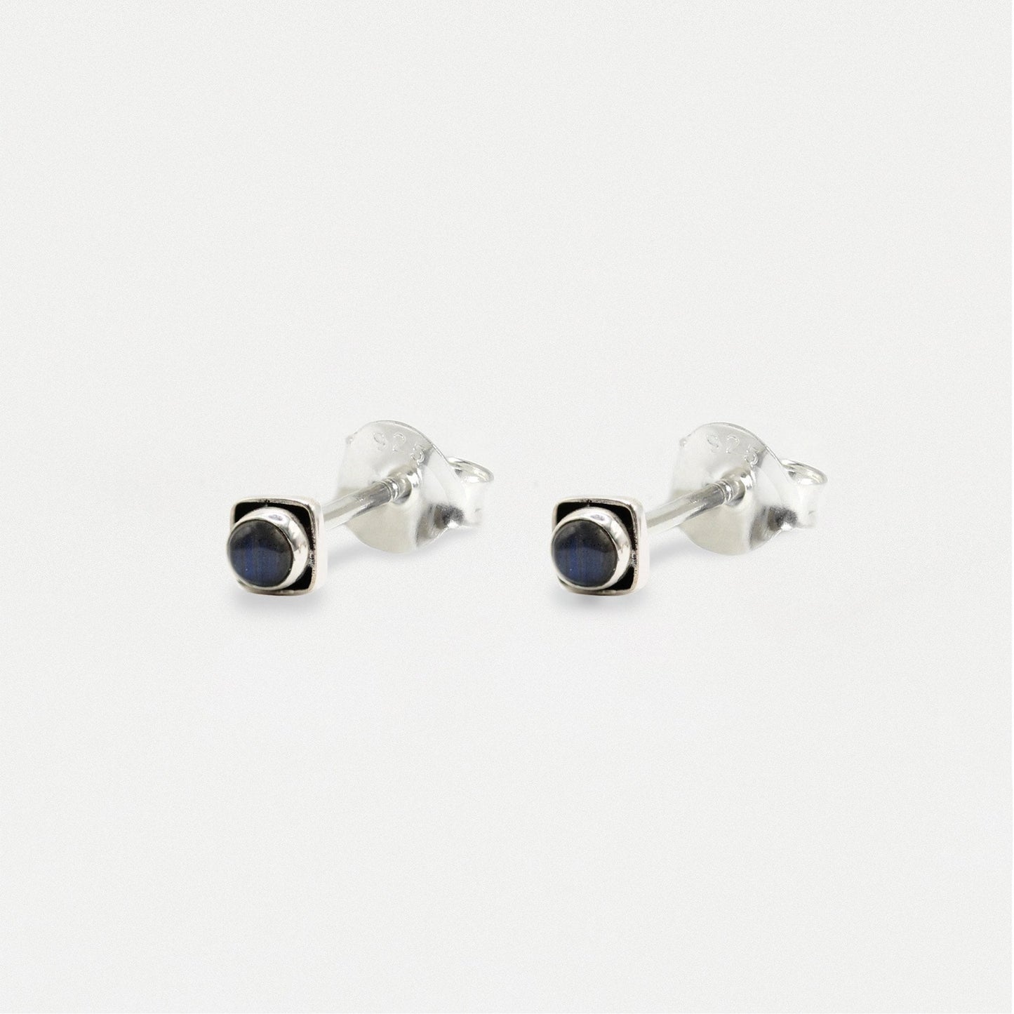 Handmade Silver Indian Ear Studs with Square Semi-Precious Stones - 3mm