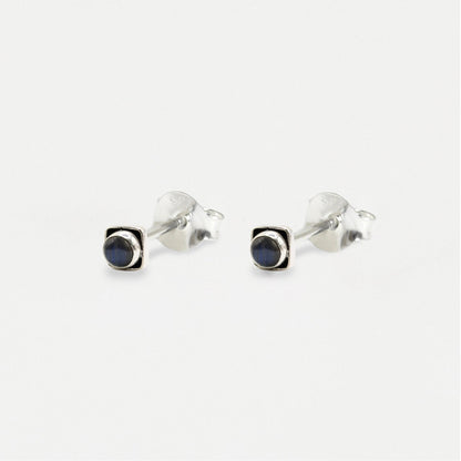 Handmade Silver Indian Ear Studs with Square Semi-Precious Stones - 3mm