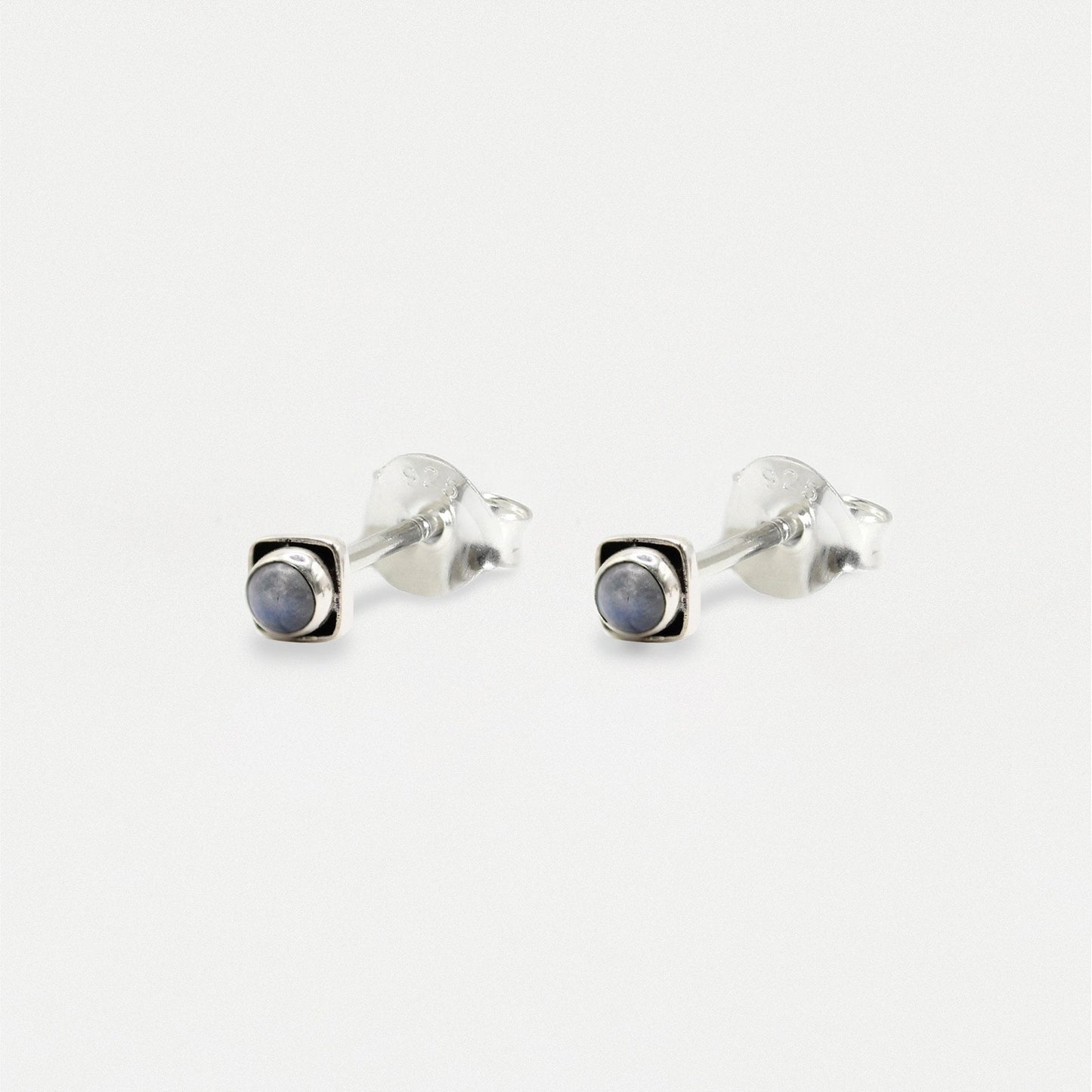 Handmade Silver Indian Ear Studs with Square Semi-Precious Stones - 3mm