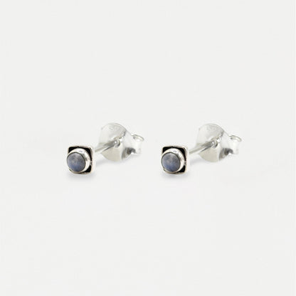 Handmade Silver Indian Ear Studs with Square Semi-Precious Stones - 3mm