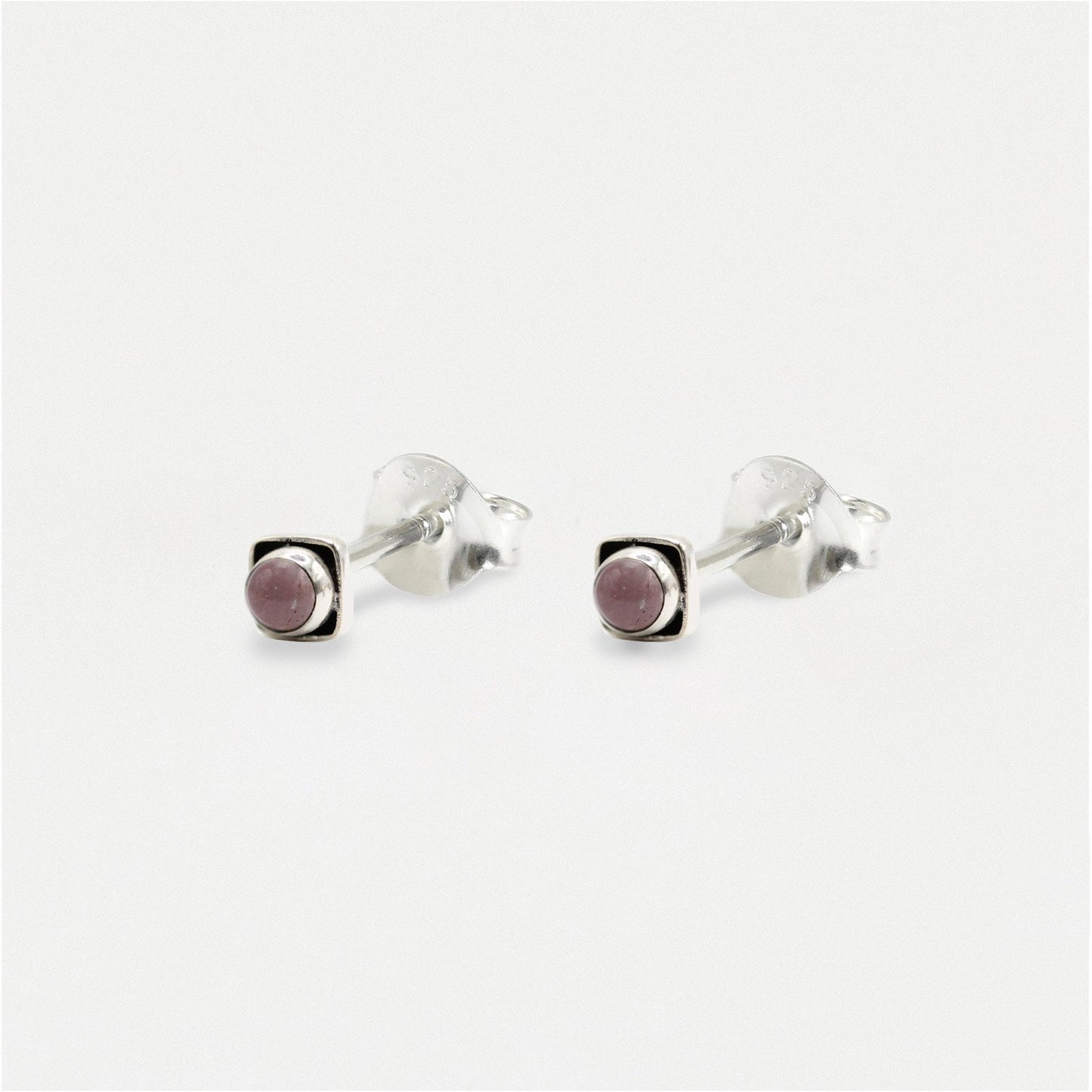 Handmade Silver Indian Ear Studs with Square Semi-Precious Stones - 3mm