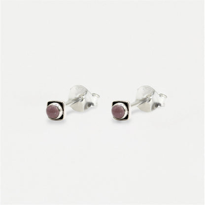 Handmade Silver Indian Ear Studs with Square Semi-Precious Stones - 3mm