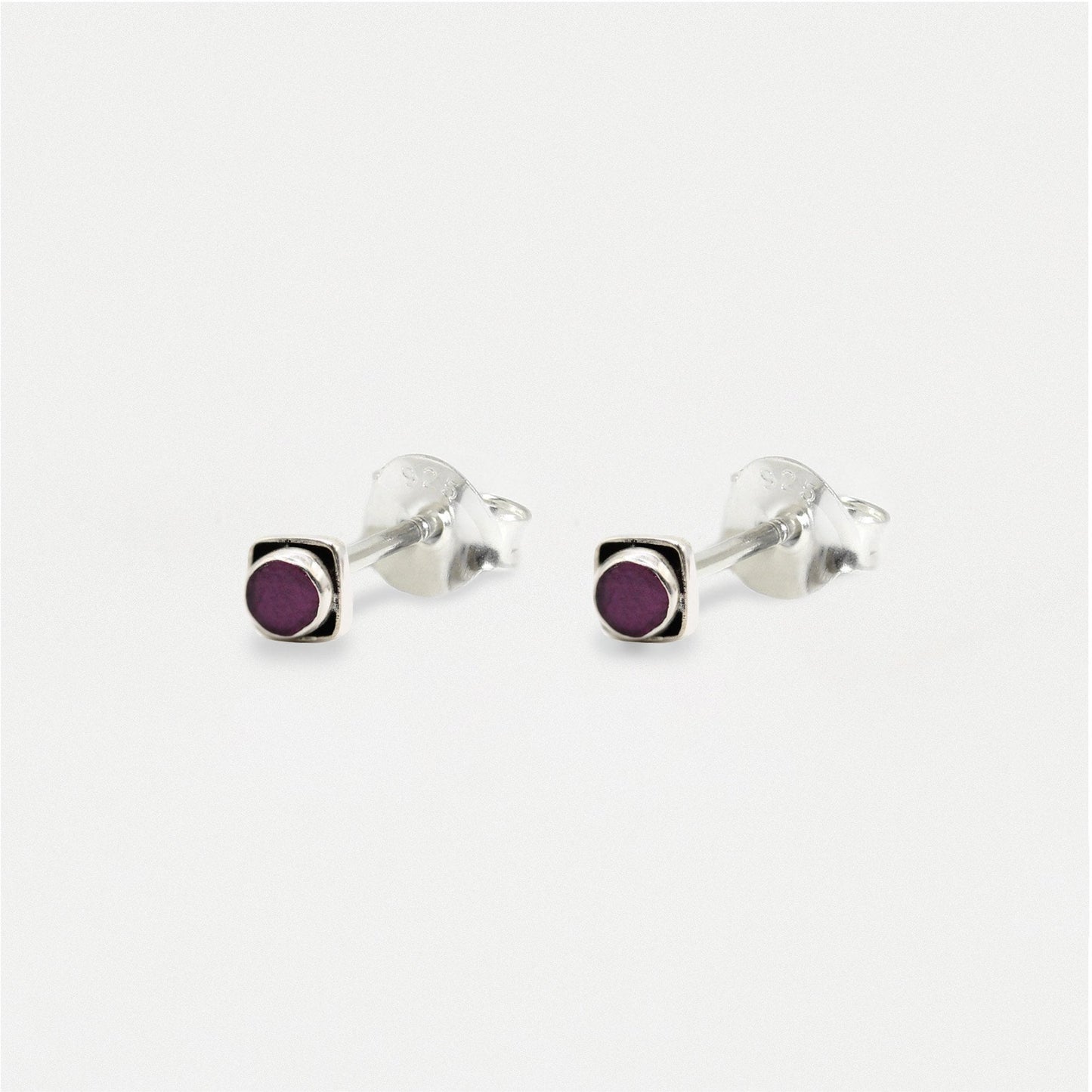 Handmade Silver Indian Ear Studs with Square Semi-Precious Stones - 3mm