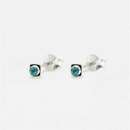 Handmade Silver Indian Ear Studs with Square Semi-Precious Stones - 3mm