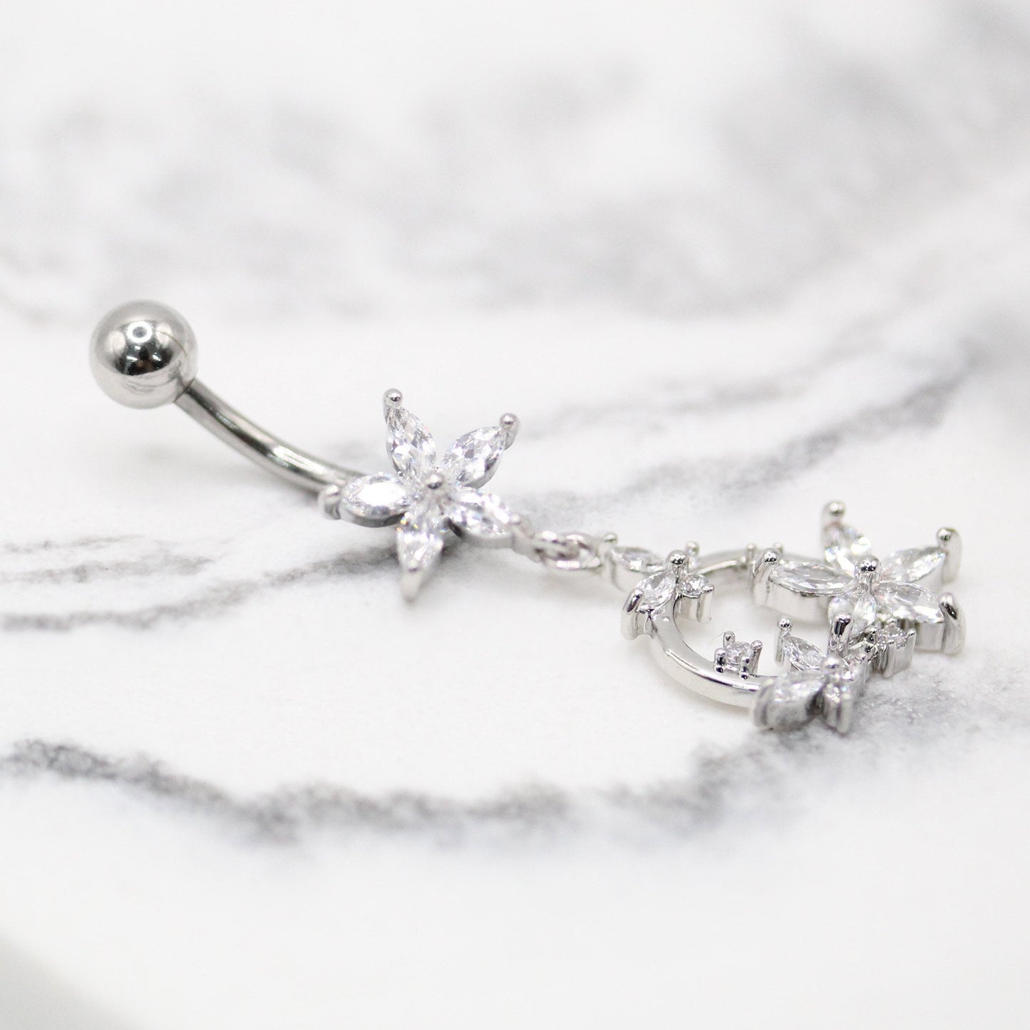 Steel Crystal Flower Butterfly Belly Bar