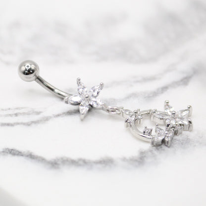 Steel Crystal Flower Butterfly Belly Bar