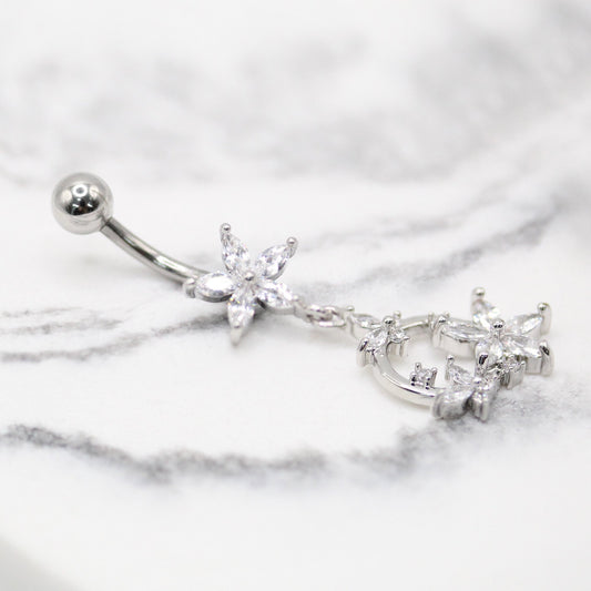 Steel Crystal Flower Butterfly Belly Bar