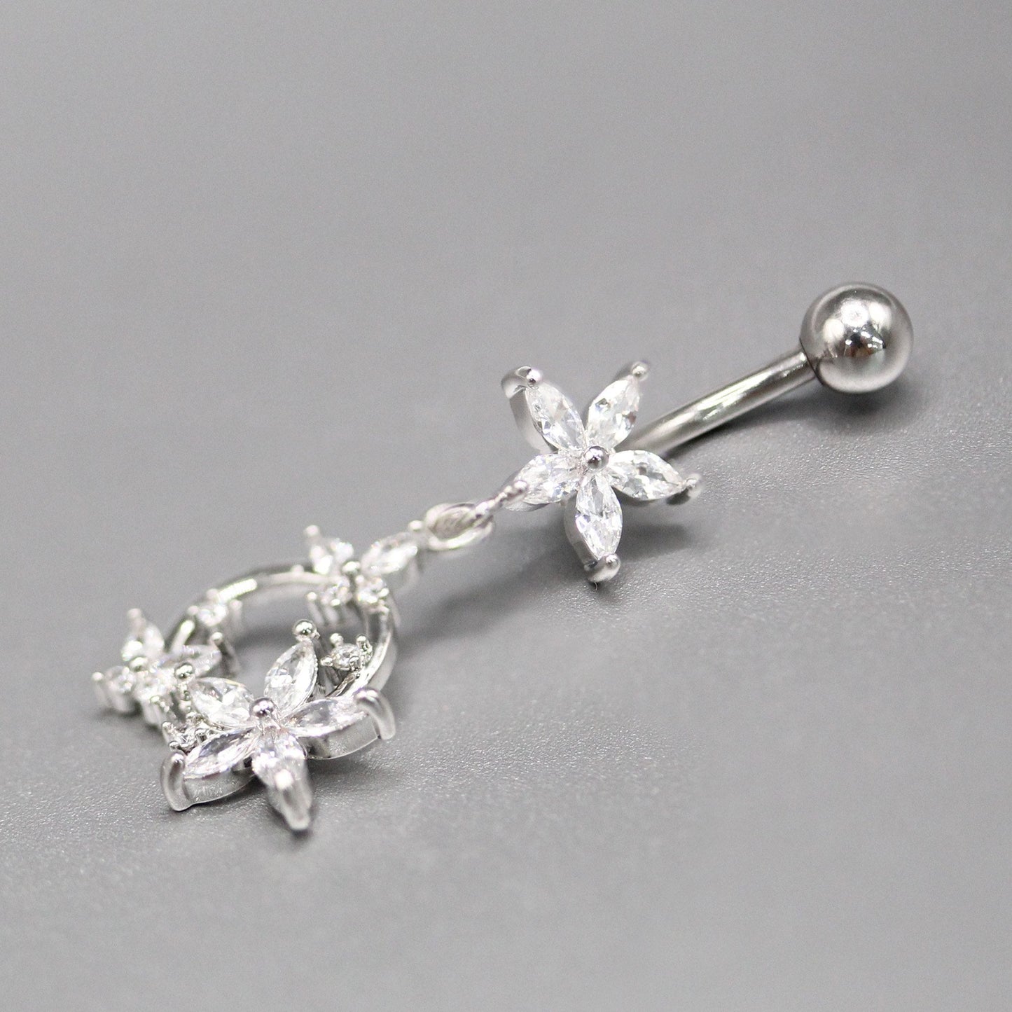 Steel Crystal Flower Butterfly Belly Bar