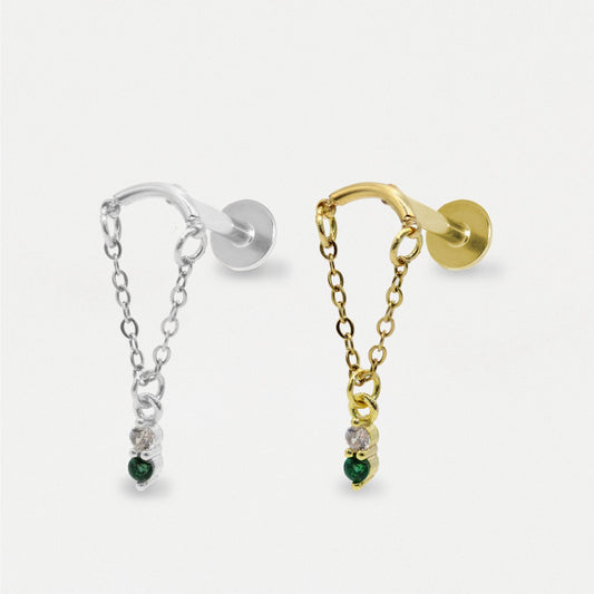 Steel Emerald Drop Helix Earring - Internally Threaded