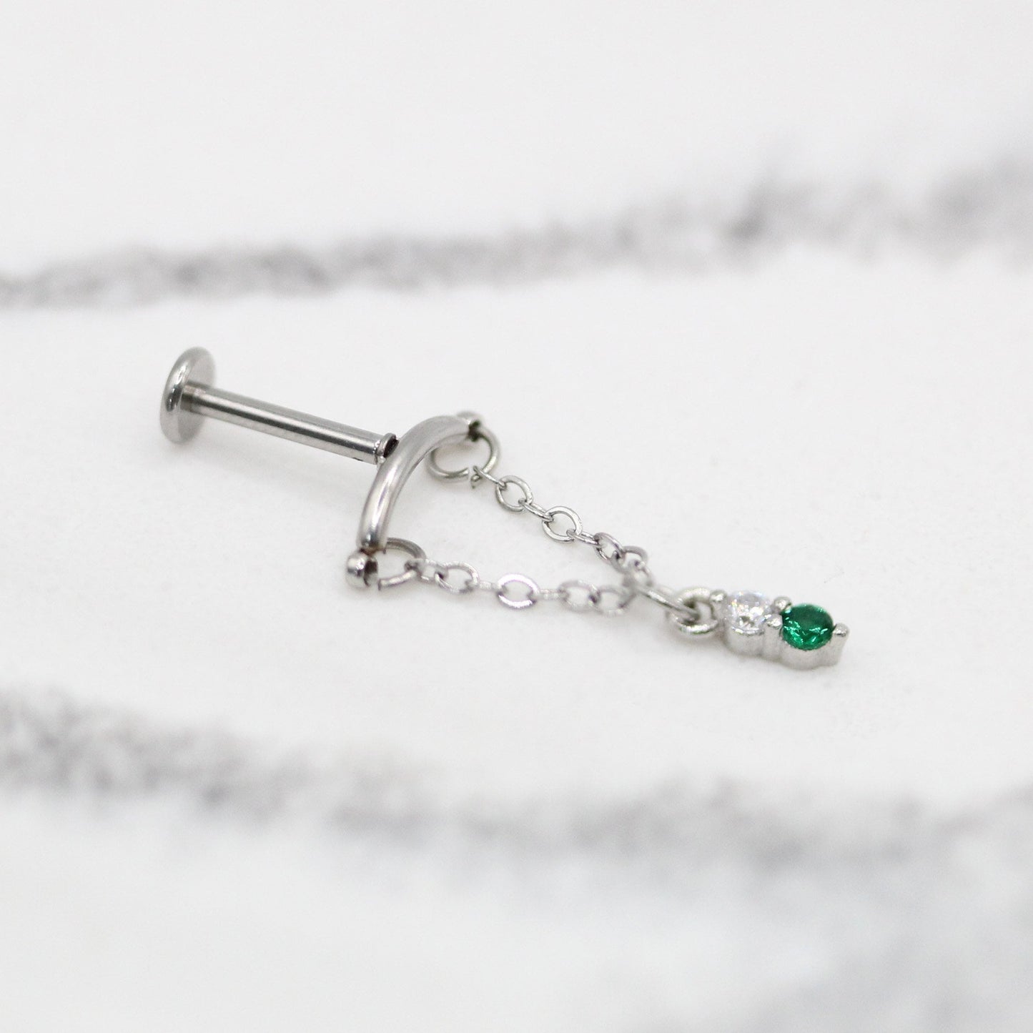 Steel Emerald Drop Helix Earring - Internally Threaded