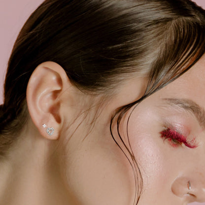 Silver Crystal Hearts Ear Studs