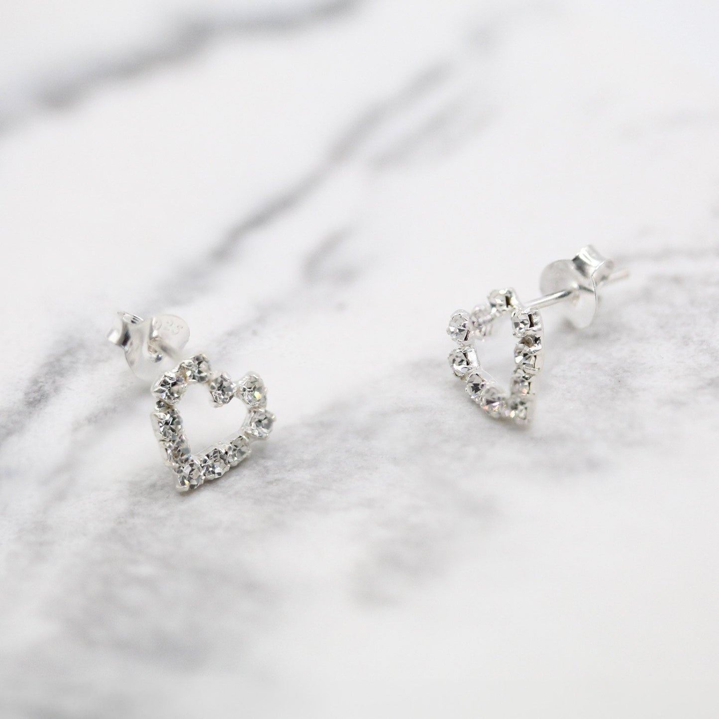 Silver Crystal Hearts Ear Studs