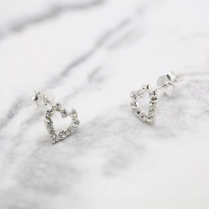 Silver Crystal Hearts Ear Studs