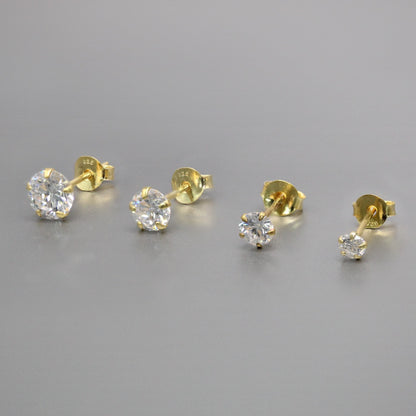 Gold Plated Round Clear CZ Ear Studs 3mm - 6mm