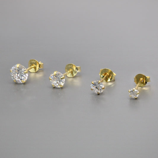 Gold Plated Round Clear CZ Ear Studs 3mm - 6mm